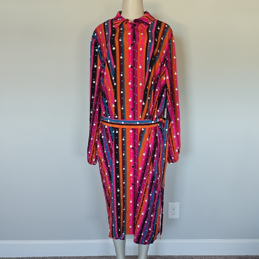 Abbott Elementary multi color stripe dots button front shirt dress-2X